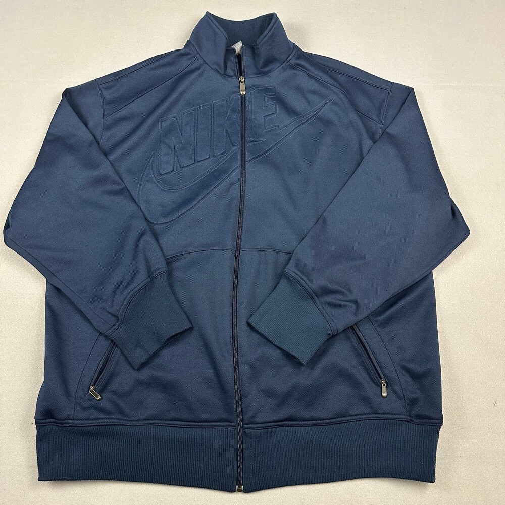 Vintage Nike Jacket Men 2XL Navy Blue Full Zip Big Debossed Logo Spellout Y2K *